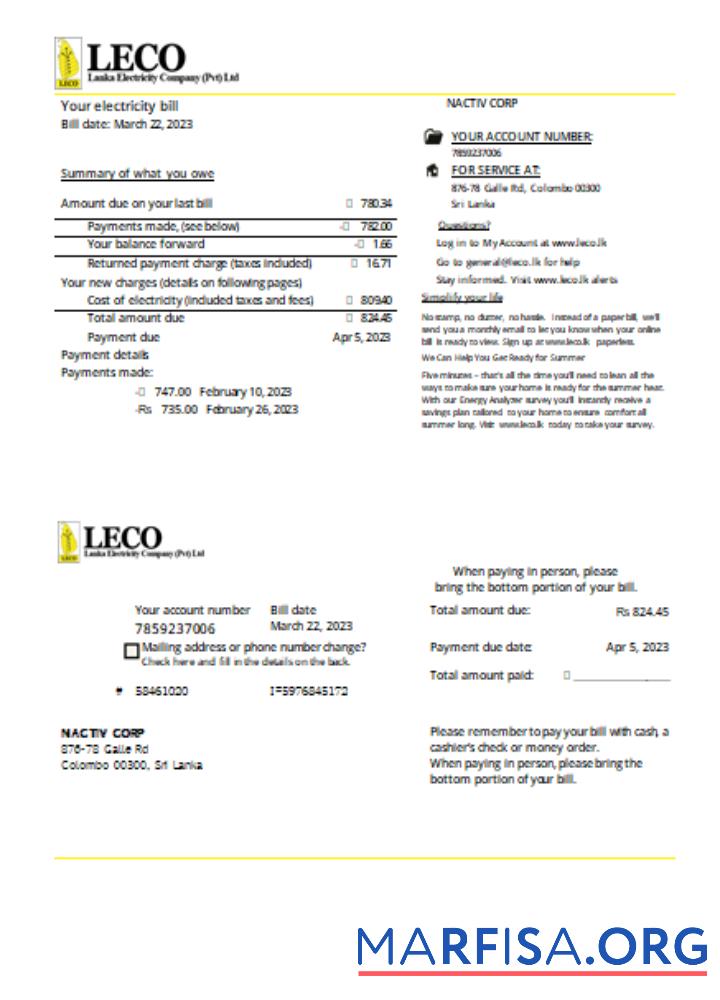 Printable LECO Corporation electricity business bill, SCR template